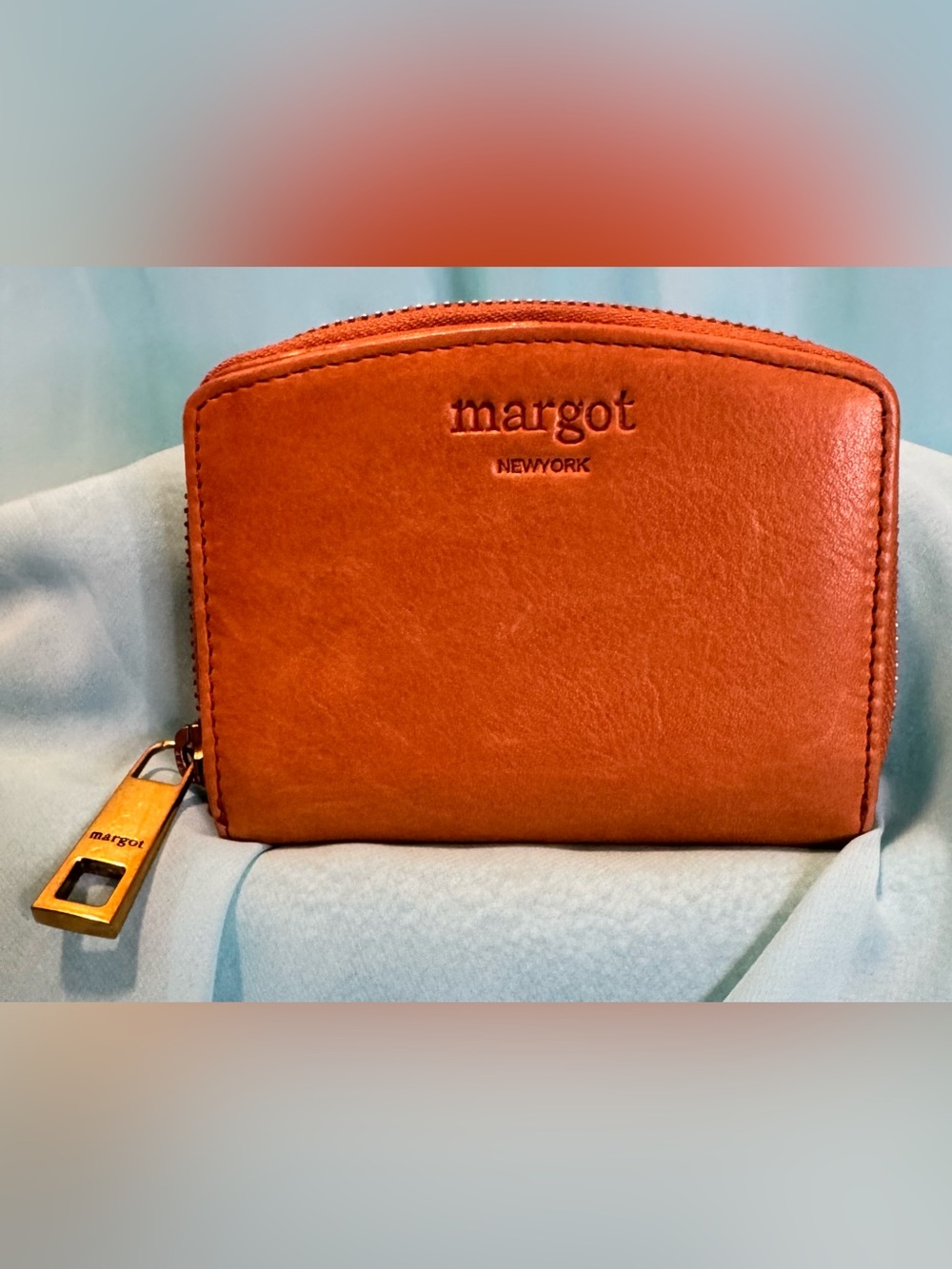 Margot New York Zipper Closure Gina Compact Wallet Cognac Leather Gold Hardware